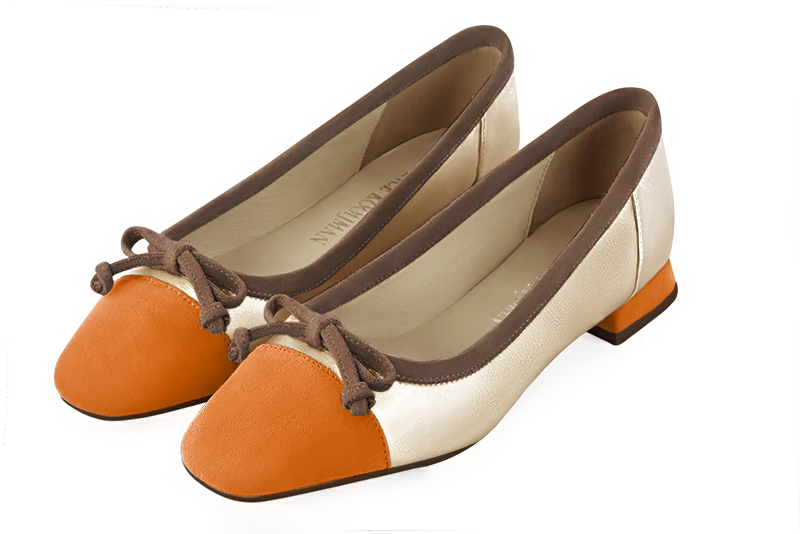 Apricot orange, gold and chocolate brown women's ballet pumps, with low heels. Square toe. Flat flare heels. Front view - Florence KOOIJMAN